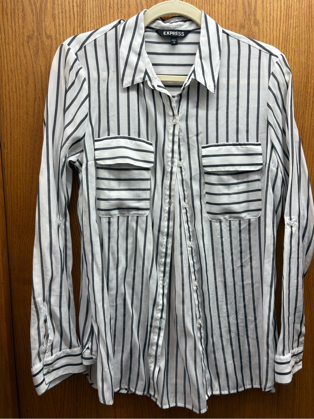 Express Black and White Vertical Stripe Button-Down Shirt